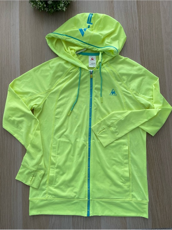 Le Coq Sportif Jackets & Blazers - Vintage Le Coq Sportif Neon Yellow Hooded Zip-Up Jacket with Teal Trim